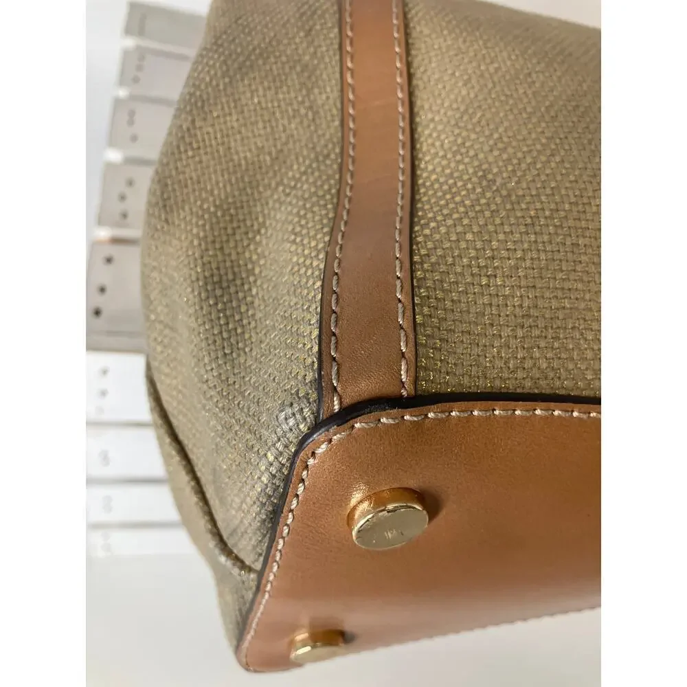MICHAEL KORS, GOLD CANVAS, BROWN LEATHER TIM SHOULDER BAG